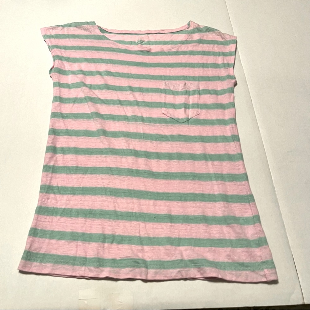 J. Crew Pink Green Stripe 100% Linen Cap Sleeve Pocket Shirt Top Size XS *FLAW*
